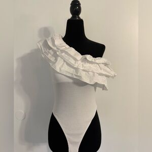 Zara White One-Shoulder Ruffle Bodysuit